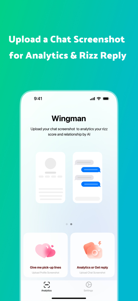 RizzKey -AI Emoji Keyboard - Interfaz de la función Wingman de la app RizzKey para análisis de capturas de pantalla de chat y respuestas IA.
