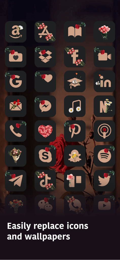 Custom iPhone app icons with a dark aesthetic and decorative red roses and daisies.
