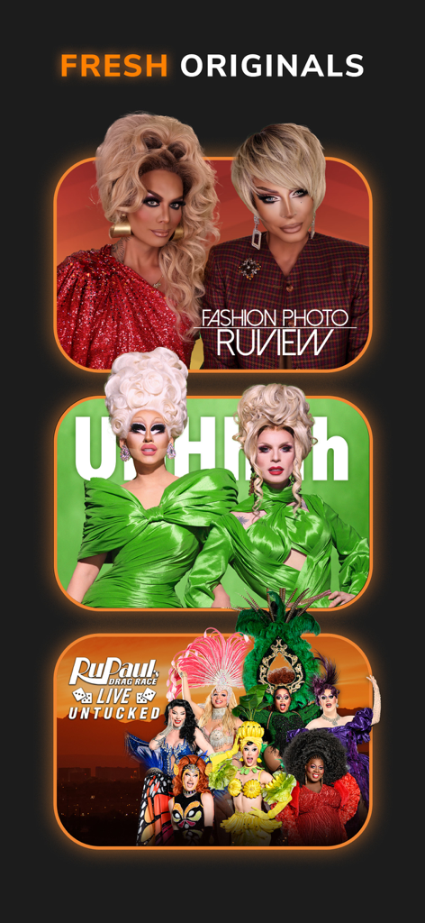 Screen of WOW Presents Plus app featuring original shows like UNHhhh and Fashion Photo Ruview.