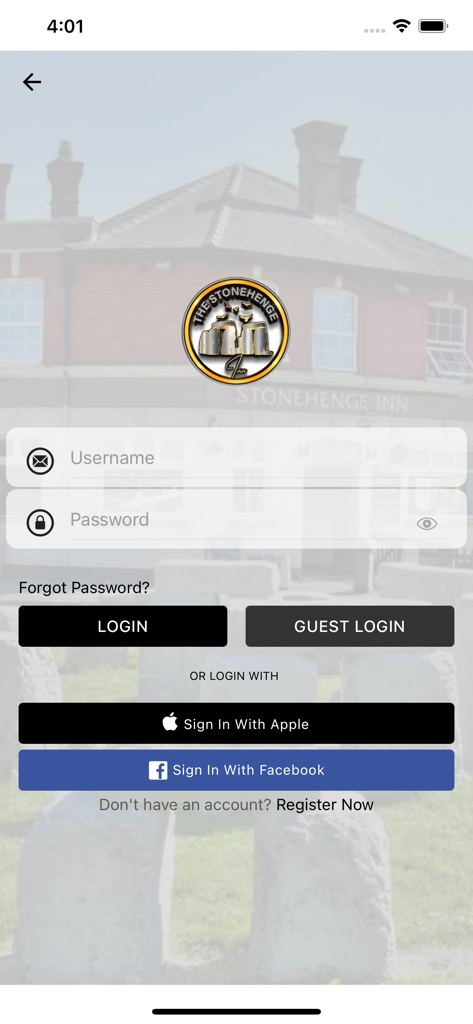 Stonehenge Inn - Login screen of the Stonehenge Inn mobile app showing username password and social login options
