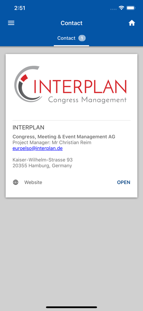 Detalhes de contato para Interplan Congress Management dentro do aplicativo móvel EuroELSO