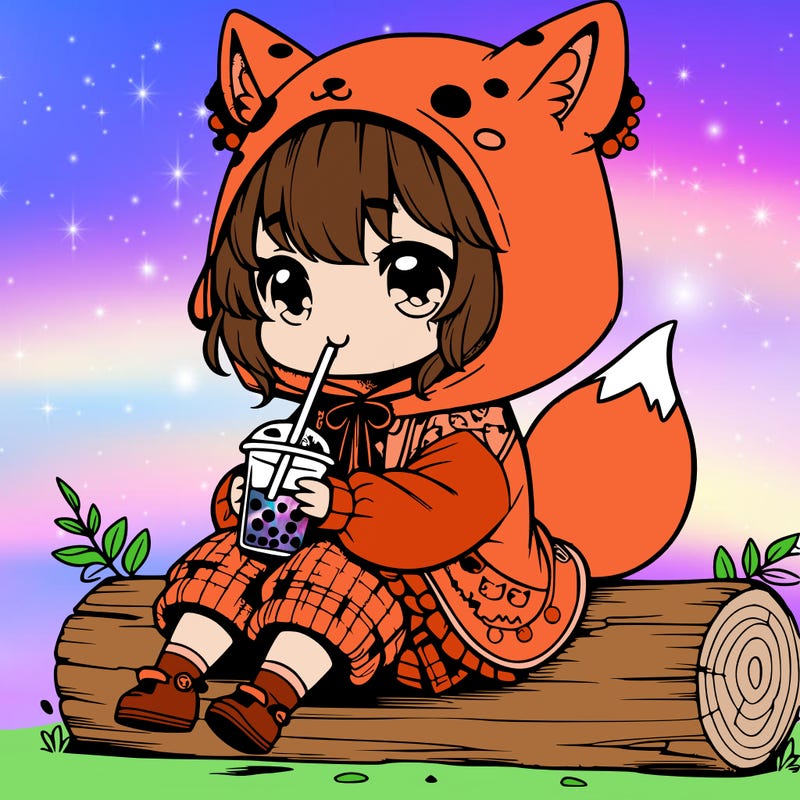 a cute anime realistic girl who is wearing a cute fox onesie and is drinking boba sitting on a log
