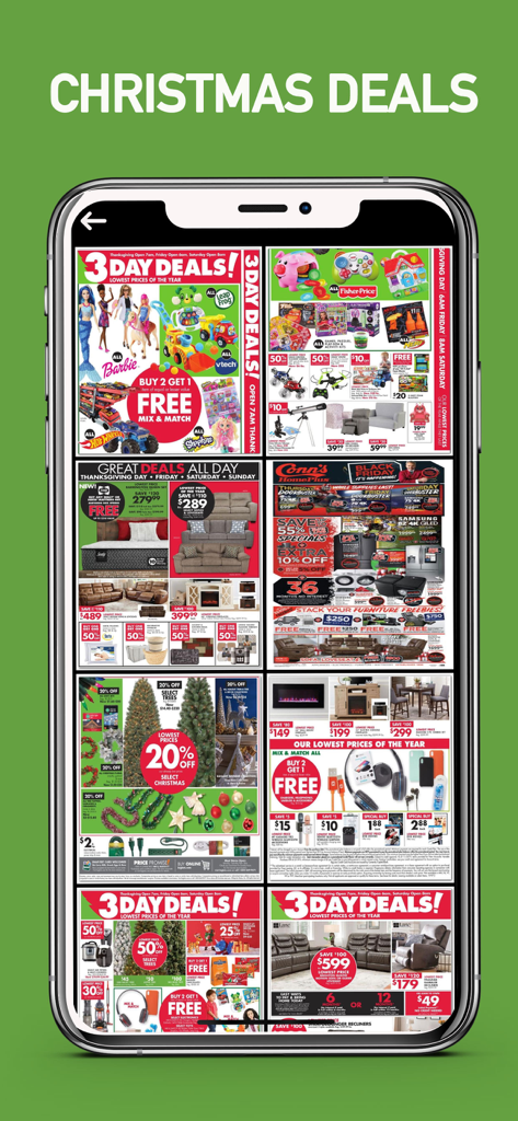 Cyber Monday 2025 ads & deals - おもちゃ、家具、電化製品を含むクリスマスセールの様々な小売店チラシや広告を表示するモバイルアプリのスクリーンショット