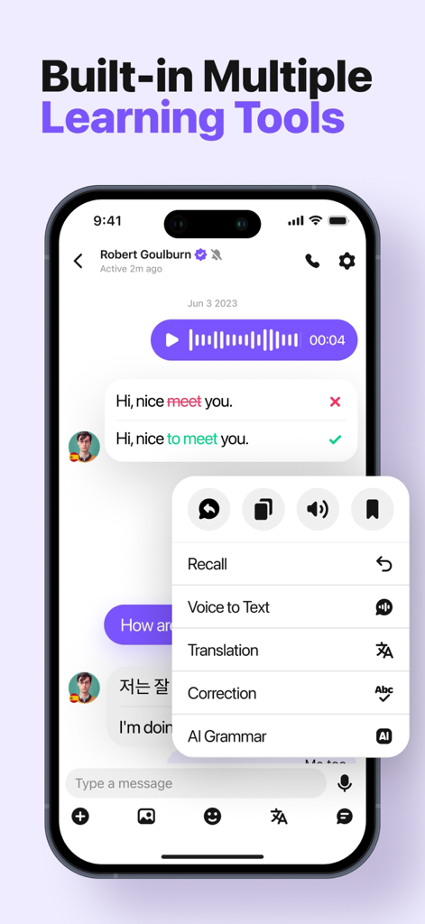 HelloTalk - Language Learning - Interface do aplicativo HelloTalk mostrando correção de mensagens de chat e ferramentas de gramática por IA