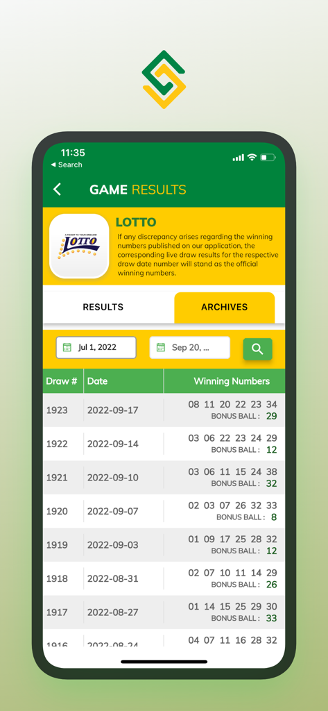 Arquivo de números vencedores do jogo Lotto no aplicativo Supreme Ventures