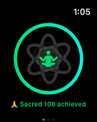 Daily Om Practice : ChantFlow - Apple Watch interface showing a completed 108 chant session with a meditation icon