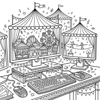 Step right up for a unique coloring experience where everyday computer monitors transform into a lively carnival! This intricate design features festive circus tents, thrilling rides, and playful performers waiting for your creative touch.
