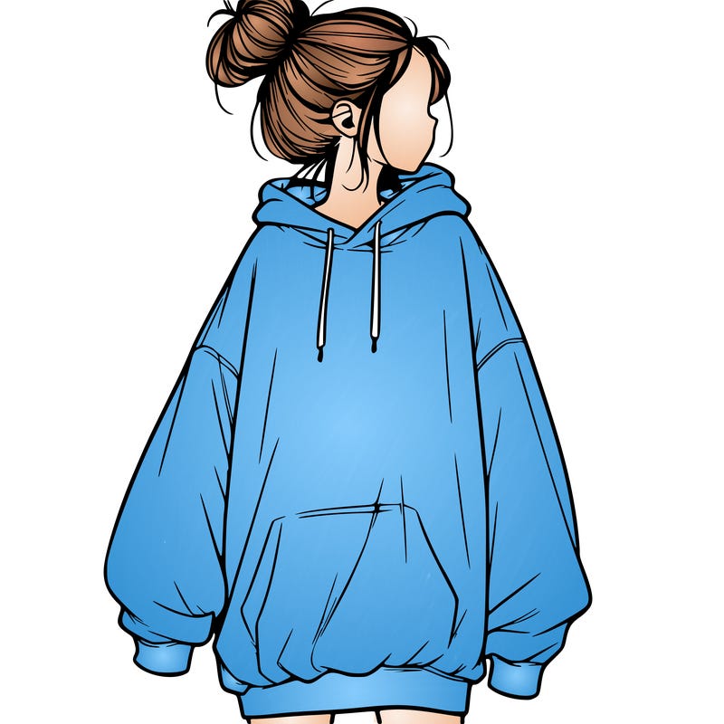 realistic girl with a oversized sweatshirt on and a bun