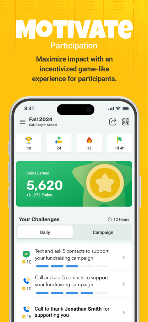 MoneyDolly - MoneyDolly mobile app dashboard displaying fundraising goals and gamified student challenges