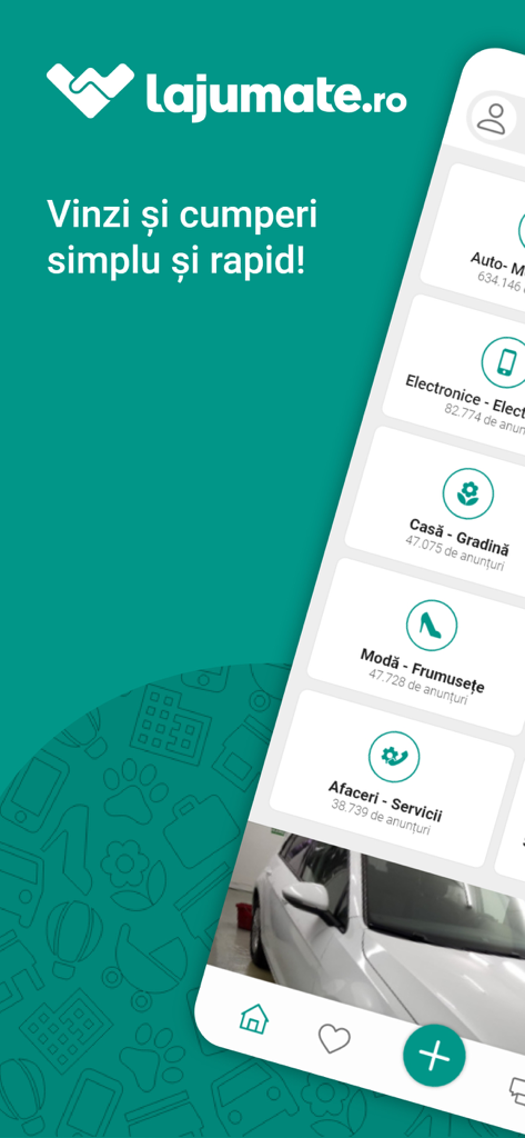 Lajumate.ro - Anunturi Romania - Interface de l'application mobile Lajumate.ro montrant les catégories d'achat et de vente d'articles en Roumanie.