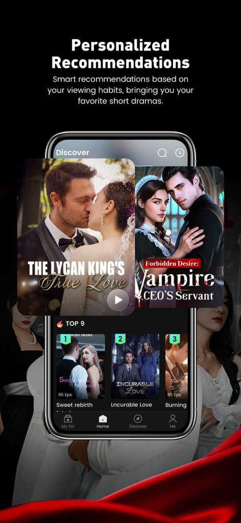 HiShortアプリのインターフェースに、パーソナライズされたショートドラマのおすすめとトレンドのタイトルがスマートフォンに表示されています。