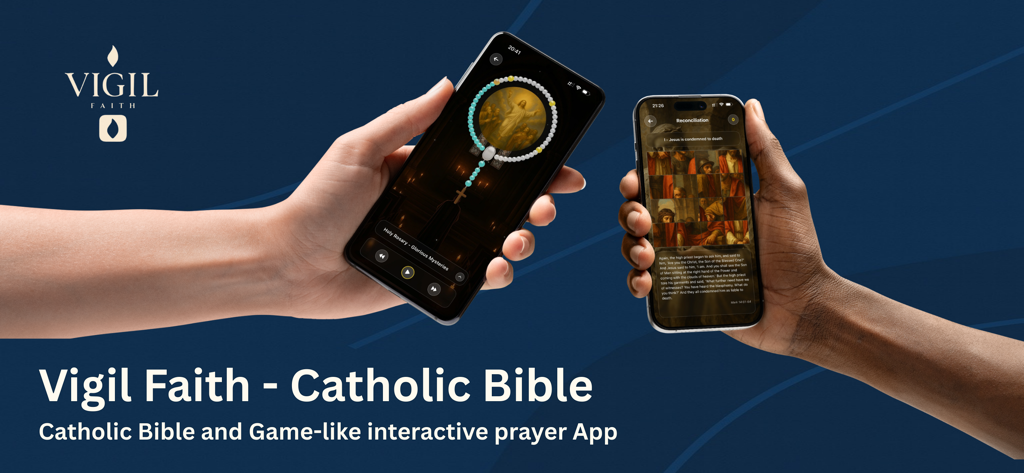 Vigil Faith - Catholic Bible - Zwei Hände halten Smartphones, die interaktive Rosenkranz- und heilige Rätselspiele von der Vigil Faith App anzeigen.