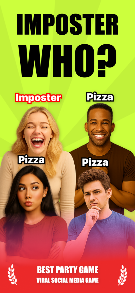 Imposter Who? - Word Game - A group of friends playing the Imposter Who word game with one person designated as the imposter