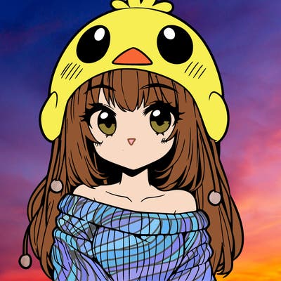 anime girl with chick shaped hat with sweater with bare shoulders with bangs covering them one eye with low tail