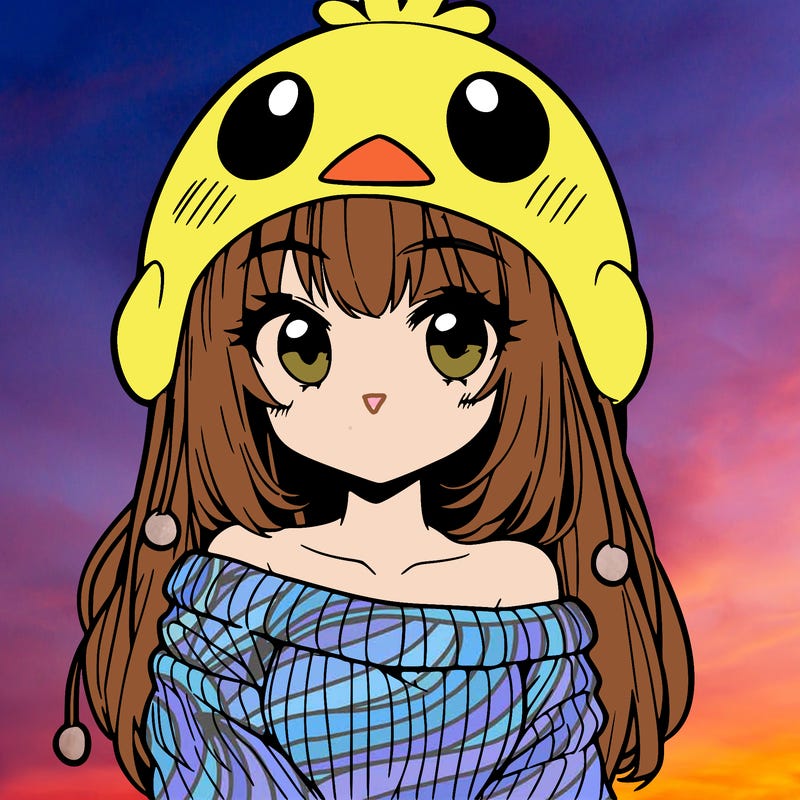 anime girl with chick shaped hat with sweater with bare shoulders with bangs covering them one eye with low tail
