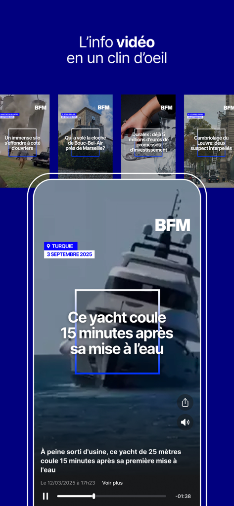 BFM : news, TV, radio en live - Interface da aplicação de notícias BFM a mostrar um relatório de notícias em vídeo vertical num smartphone