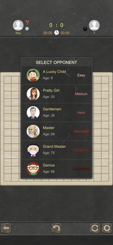 Gomoku Online - Best Caro - Select opponent screen in Gomoku Online showing AI characters and difficulty levels from Easy to Legendary