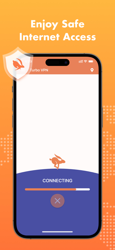 Turbo VPN mobile app screen showing the connecting status with a rabbit logo and safe internet access message