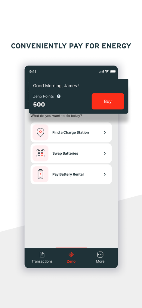 ZENO - BOOK YOUR EV MOTORBIKE - Zeno App-Oberfläche mit Optionen für Batteriewechsel und Ladestationen