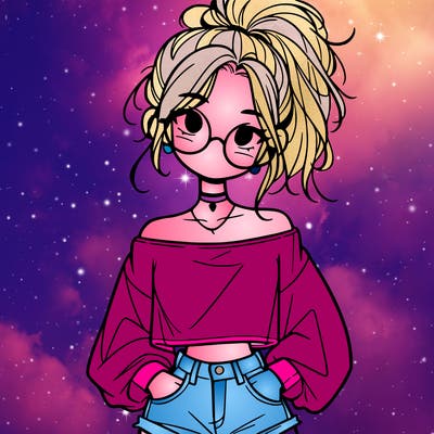 girl with a messy ponytail glasses a baggy crop top and jean shorts