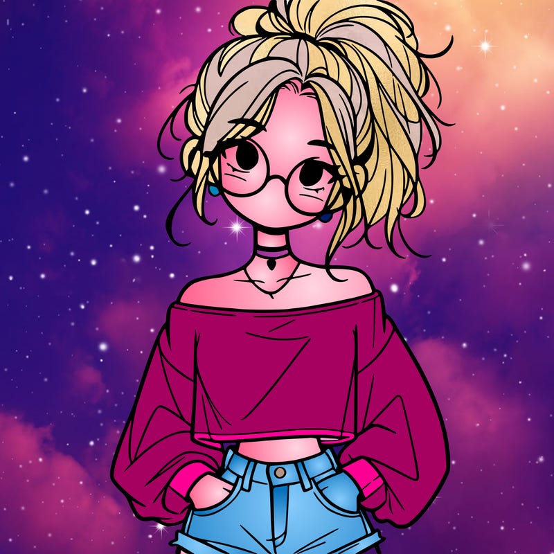 girl with a messy ponytail glasses a baggy crop top and jean shorts