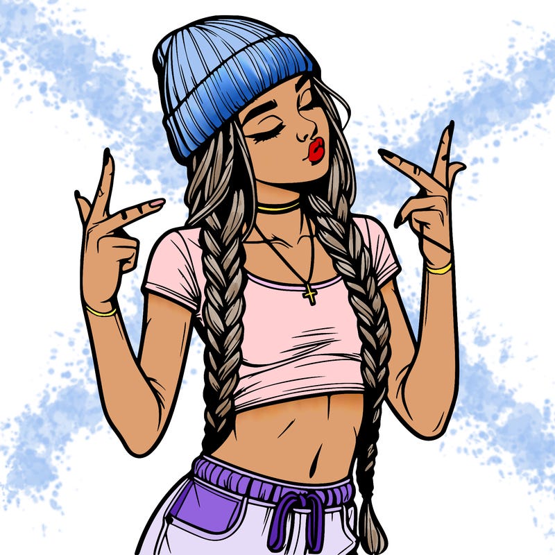 realistic teenage girl with braids and a beanie and crop top doing 🫶🏼