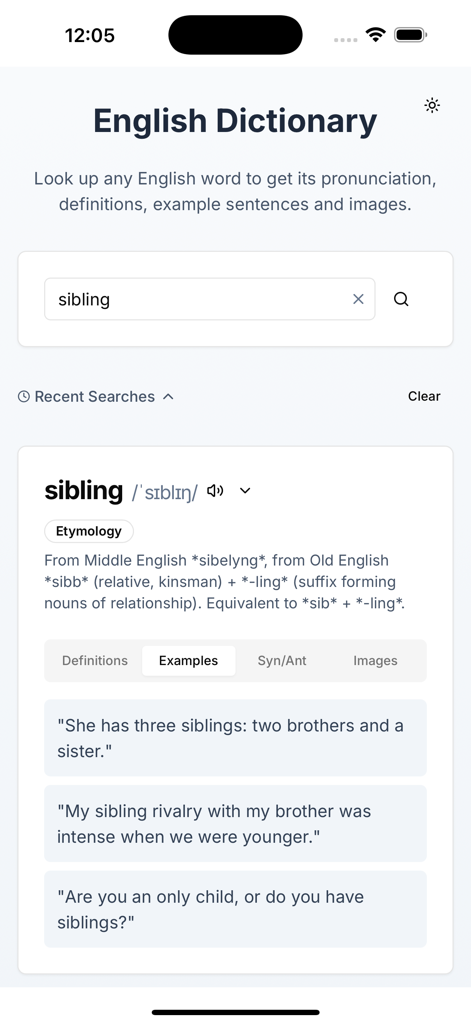 AI-Powered English Dictionary - AI English Dictionary app interface showing etymology and example sentences for the word sibling