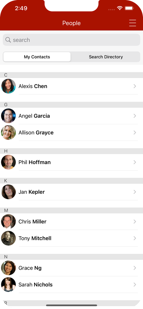 ENTConnect Mobile App - Member directory screen of the ENTConnect app showing a list of medical professional contacts