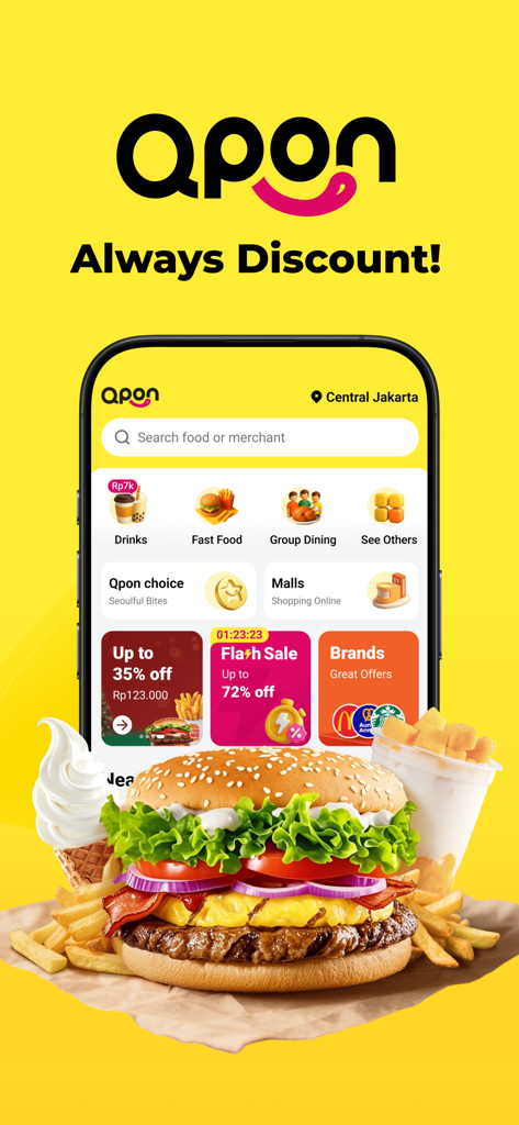 Pantalla de inicio de la aplicación móvil Qpon que muestra categorías de comida, ventas flash y cupones de descuento locales