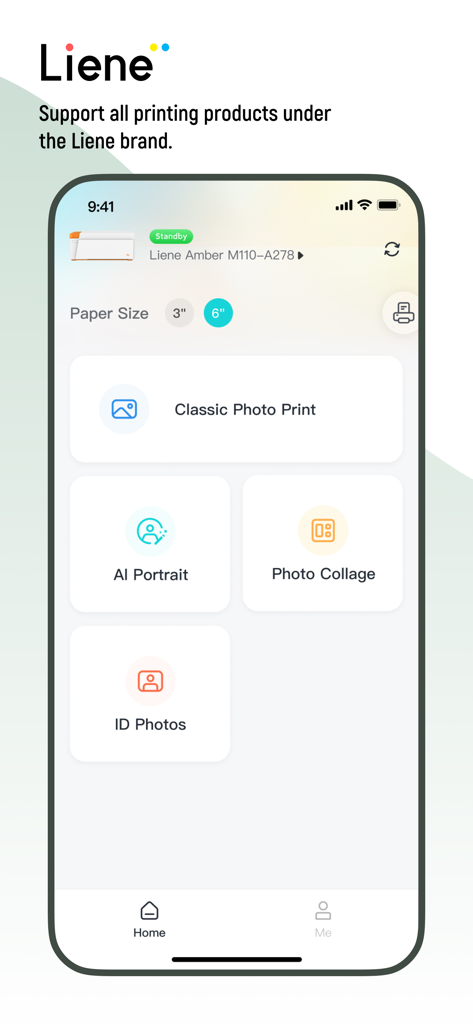 Liene Photo 앱의 홈 화면으로, 클래식 사진 인쇄, AI 초상화, 사진 콜라주, ID 사진과 같은 인쇄 옵션이 표시됩니다.