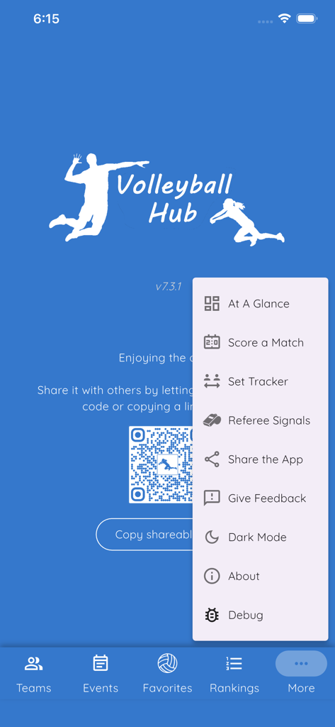 Volleyball Hub app more menu with options for scoring matches and tracking sets