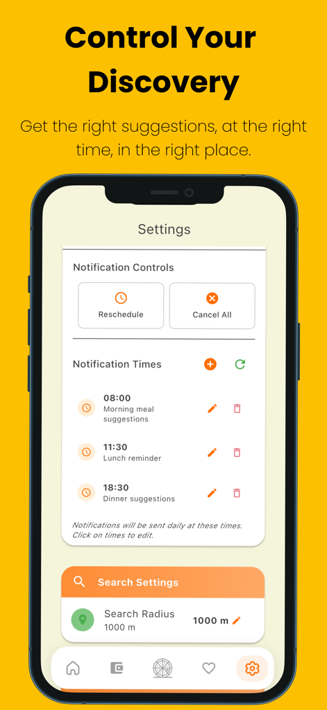 Plan to Eat: Dinner Planner - App settings screen showing notification times for meal suggestions and search radius controls
