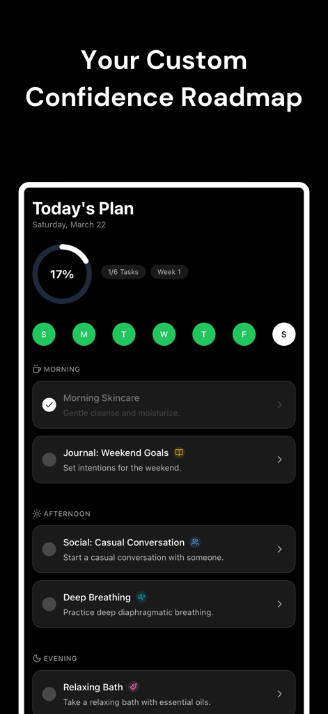 Critique AI App-Oberfläche, die eine benutzerdefinierte tägliche Roadmap mit Aufgaben für Hautpflege, Journaling und soziale Fähigkeiten zeigt.