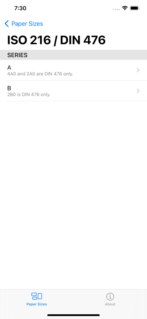 Paper Size - Interface de l'application Dimensions de papier montrant les options des séries ISO 216 et DIN 476 pour les formats de papier A et B