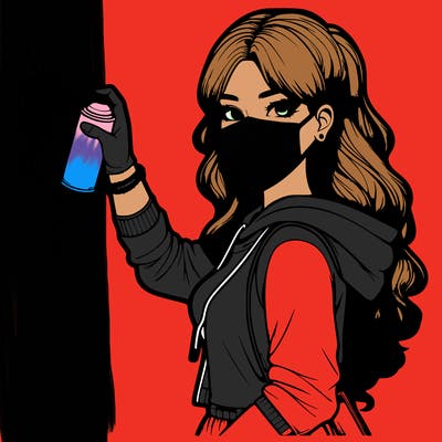 realistic girl with mask spray painting a wall