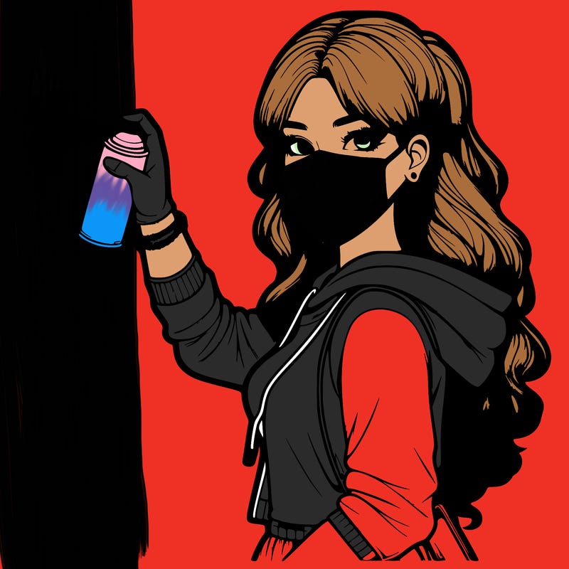 realistic girl with mask spray painting a wall