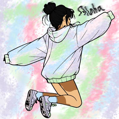 realistic girl jumping with a bun and oversized sweatshirt