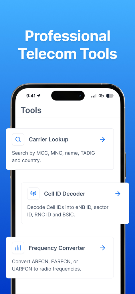 Mobile app interface showing professional telecom tools including carrier lookup cell ID decoder and frequency converter