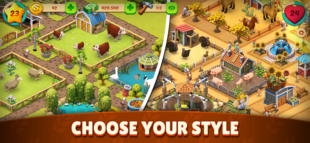 Animal Farm Life: Town Farming - 様々な動物や建物を使ったカスタマイズオプションを示す、2つの異なる農場レイアウトデザイン