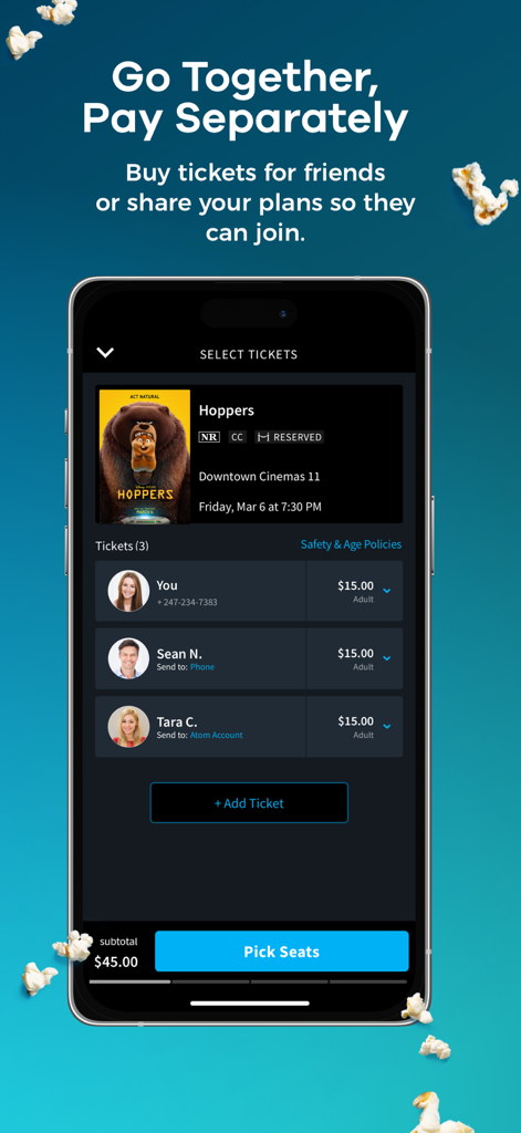 Atom Tickets app screen demonstrating the group booking and separate payment feature for movie tickets