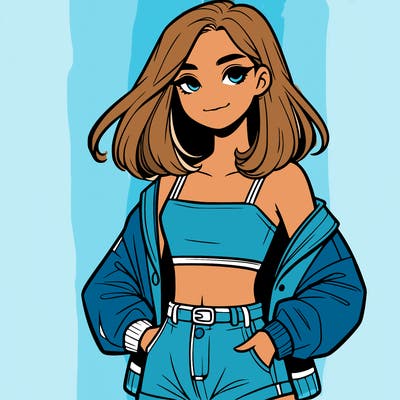 a realistic girl with a crop top and short shorts in an open jacket
