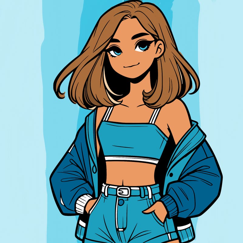 a realistic girl with a crop top and short shorts in an open jacket