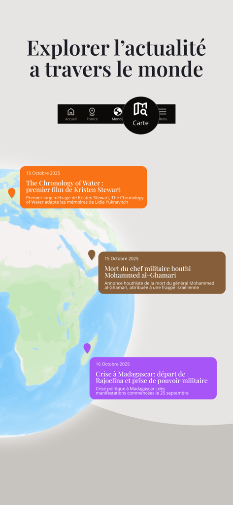 Prudencia - Interface of Prudencia app showing a world map with news articles pinned to different geographic locations.