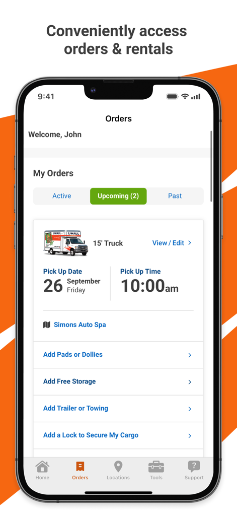U-Haul app screen displaying details of an upcoming truck rental reservation and order management features