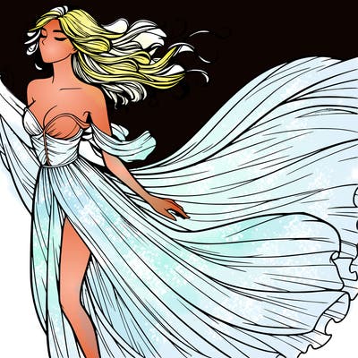realistic woman in dress flowing the the wind