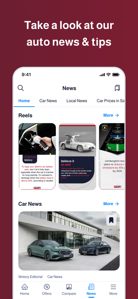 Motory - Cars For Sale Online - The Motory app news section showing car tips, trivia reels, and latest automotive news articles.