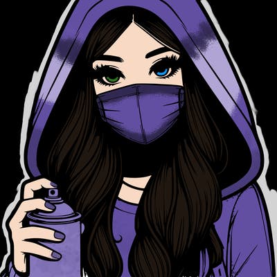 girl wearing a mask with long hair with her hood up spray-painting realistic