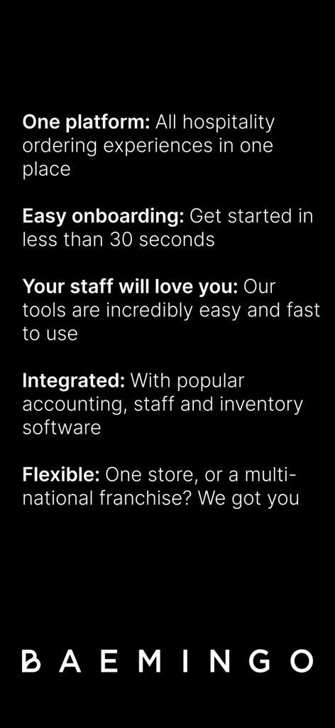 Características clave de la plataforma de pedidos de hostelería Baemingo, que incluyen incorporación rápida e integración de software