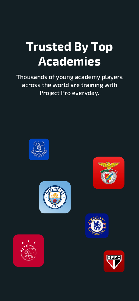 Project Pro: Ball Mastery - Logos of top football academies like Manchester City and Chelsea that trust Project Pro