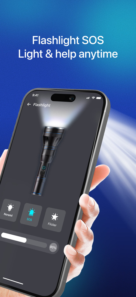 Secure Cleaner app interface showing the flashlight feature with SOS and flicker modes.